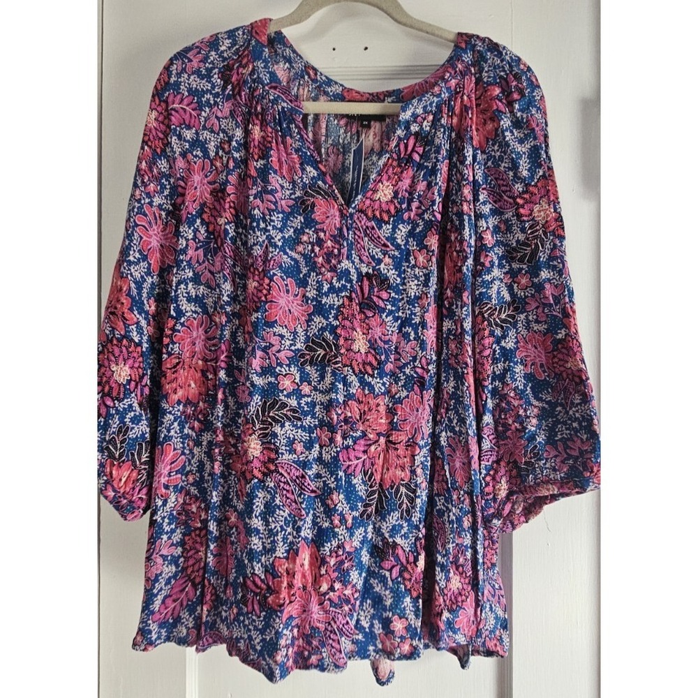 JNY JONES NEW YORK woman 2X Peasant blouse floral print elbow sleeves